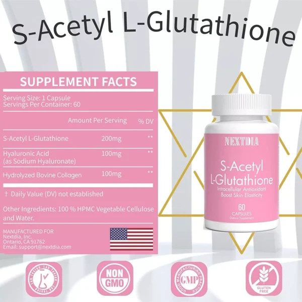 S-Acetyl L-glutathione Capsules 200 mg, Glutathione Supplement 60 Veggie Capsule