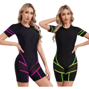 Womens Swimwear Beach Swimsuit Color Contrast Wetsuit Rash Guard Romper Boyleg
