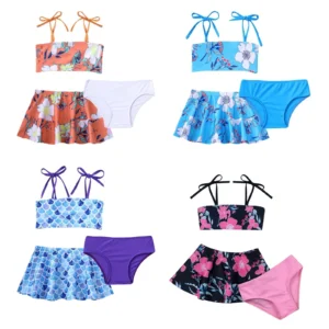 2Pcs Kid Girl Swimwear Bathing Suit Beachwear Costume Leotard Stretchy Swimsuit