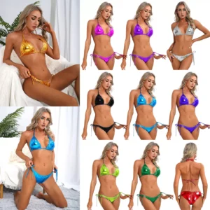 Womens Swimwear With Thong Bikini Set Metallic Lingerie Suit Ladies Beachwear