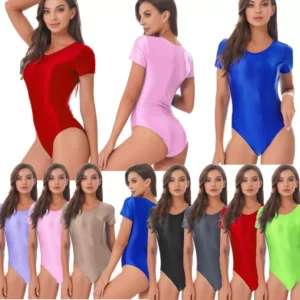 Womens Swimwear Sexy Bodysuit Shiny Sportswear Solid Color Jumpsuit Bodycon