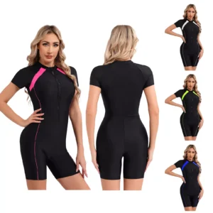 Womens Swimwear Unitard Beachwear Zip Up Swimsuits Athletic Bodysuit Boyshorts