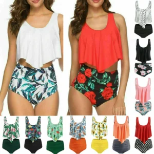 Womens Swimwear High Waisted Bathers Ruffled Tankini Summer Swimsuit Floral 2PCS