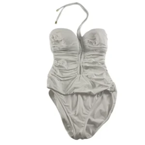 Womens Swimwear White Solid Bandeau One Piece Ruched Halter Swimsuit
