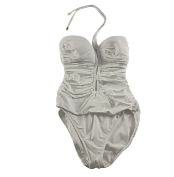Womens Swimwear White Solid Bandeau One Piece Ruched Halter Swimsuit