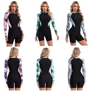 Womens Swimwear Floral Print Swimsuits Rompers Beachwear Diving Rash Guard