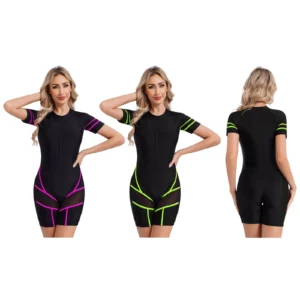 Womens Swimwear Zipper Swimsuit Boyleg Wetsuit Swimming Romper Short Sleeve