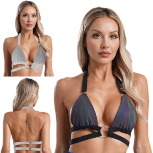 Womens Swimwear Halter Bikini String Bra Rave Sexy Reflective Swimsuit Party