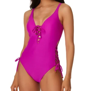 $94 Bar III Solids Lace-Up One-Piece Swimsuit Womens Swimwear Pink Size XS