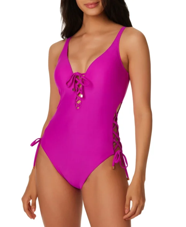 $94 Bar III Solids Lace-Up One-Piece Swimsuit Womens Swimwear Pink Size XS