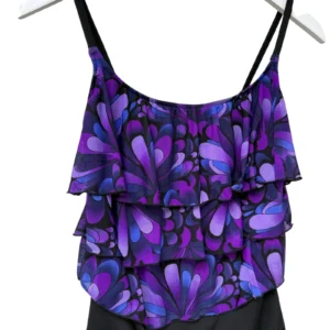 ROBBY LEN One Piece Swimsuit Size 14 Black Purple Mesh Ruffle Womens Swimwear