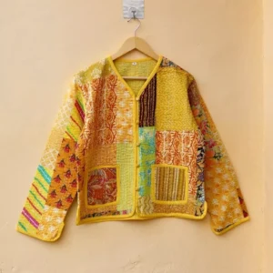 Yellow Quilted Cotton Patchwork Jacket Handmade Cotton Jacket Womens Clothing US