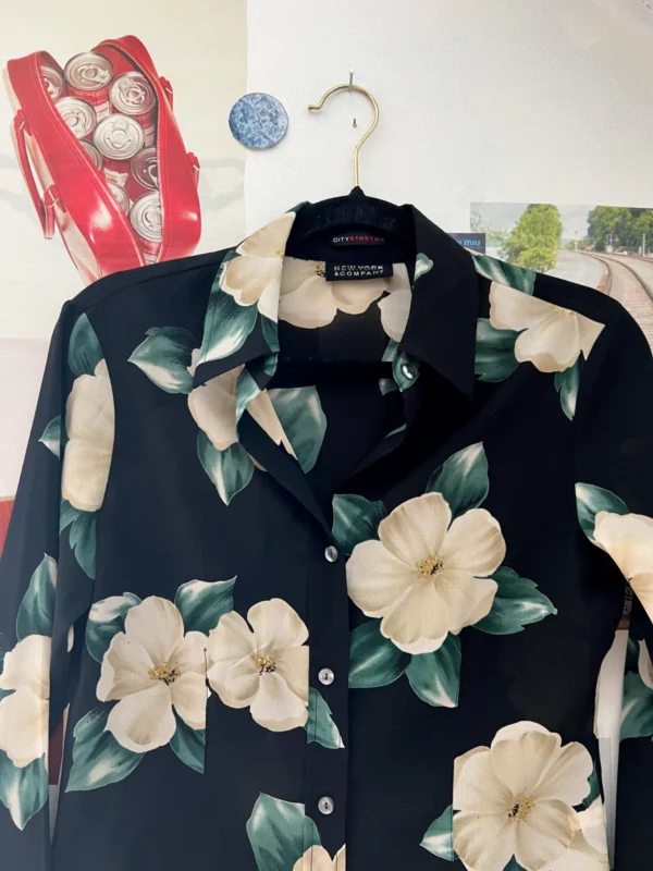 Vintage Black Sheer Blouse Floral Lily Print Button Up Top Womens Clothing