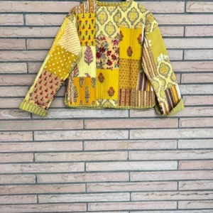 Yellow Quilted Cotton Patchwork Jacket Handmade Cotton Jacket Womens Clothing US