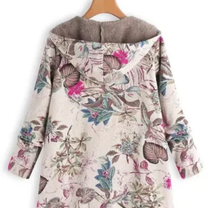 Women Winter Warm Floral Hooded Jacket Flower Print Coats Winter Outwear