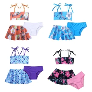 3Pcs Kid Girl Swimwear Bathing Suit Beachwear Costume Leotard Stretchy Swimsuit